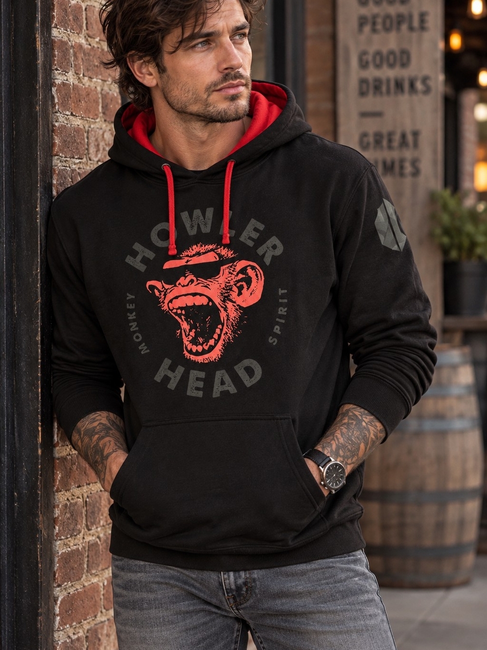 Howler Head Monkey Spirit Men's L Black Red Graphic Pullover Hoodie Bourbon